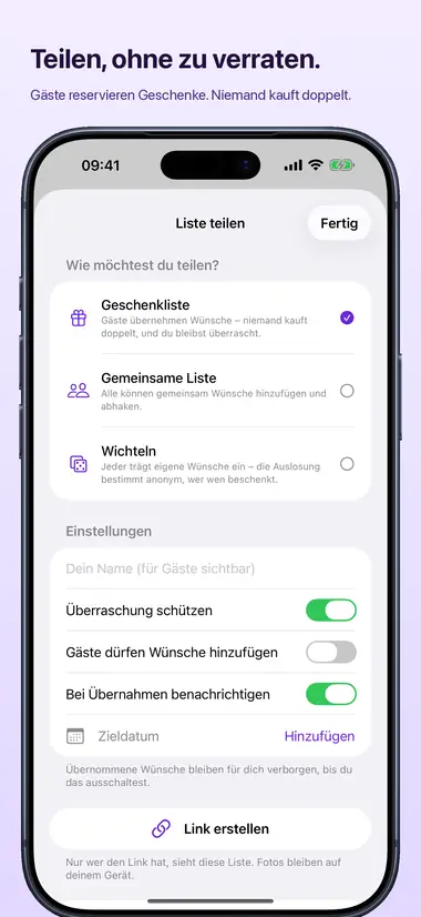 Teilen, ohne zu verraten. Gäste reservieren Geschenke. Niemand kauft doppelt.