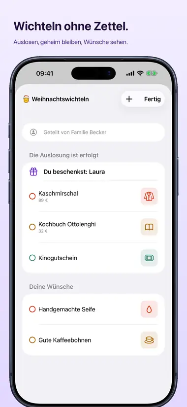 Wichteln ohne Zettel. Auslosen, geheim bleiben, Wünsche sehen.