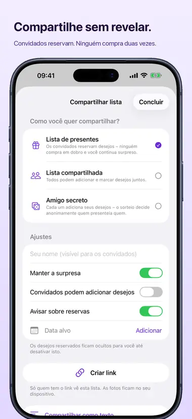 Compartilhe sem revelar. Convidados reservam. Ninguém compra duas vezes.